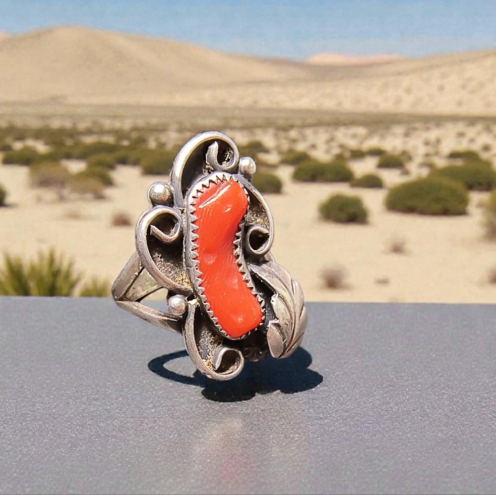 Vintage Signed Sterling Silver Native American Coral Ring